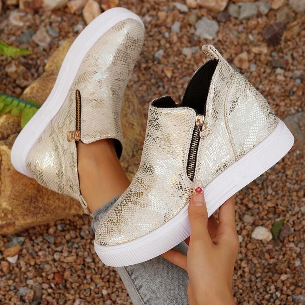 Vegan Suede Slip on Zip Up Cute Gold Foil Bootie